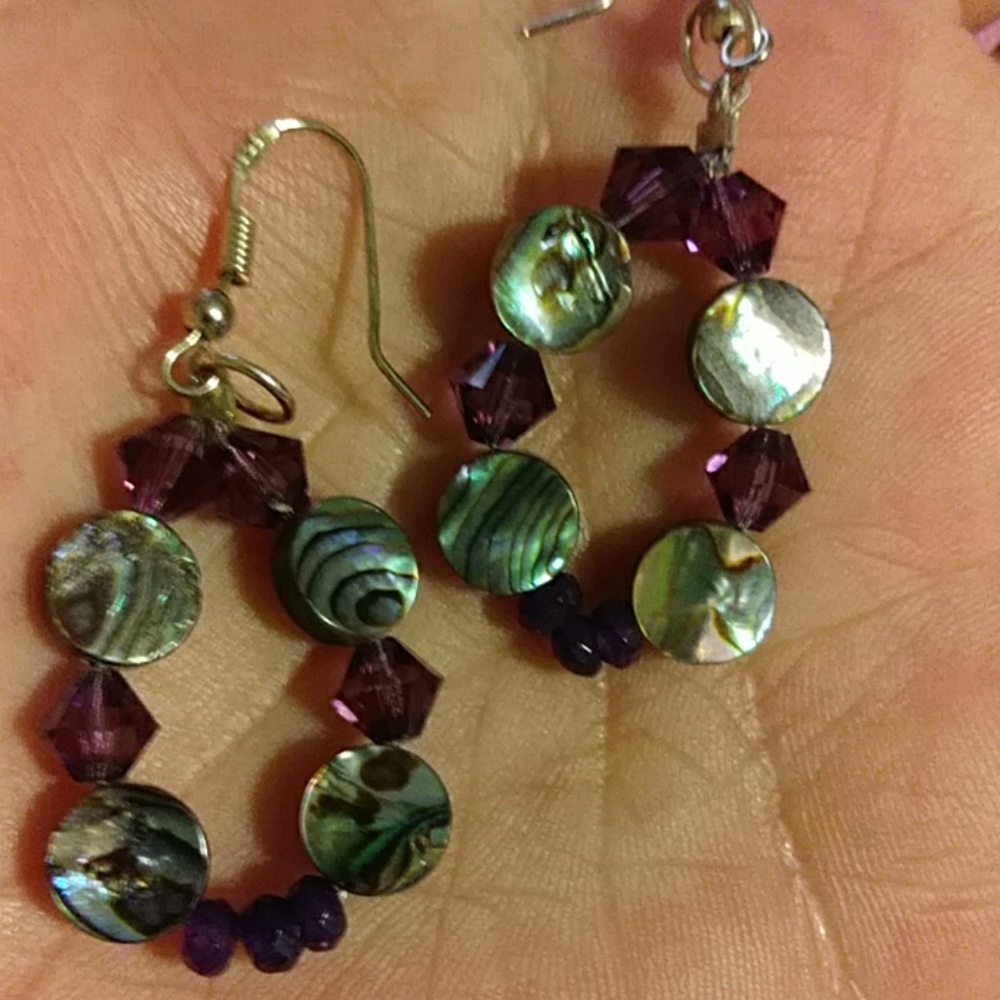 New! Abalone and Amethyst earrings. 2 in long